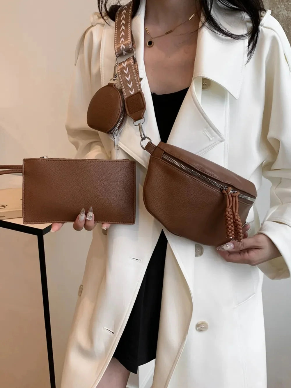 Brown PU Leather Crossbody Bag with Coin Purse