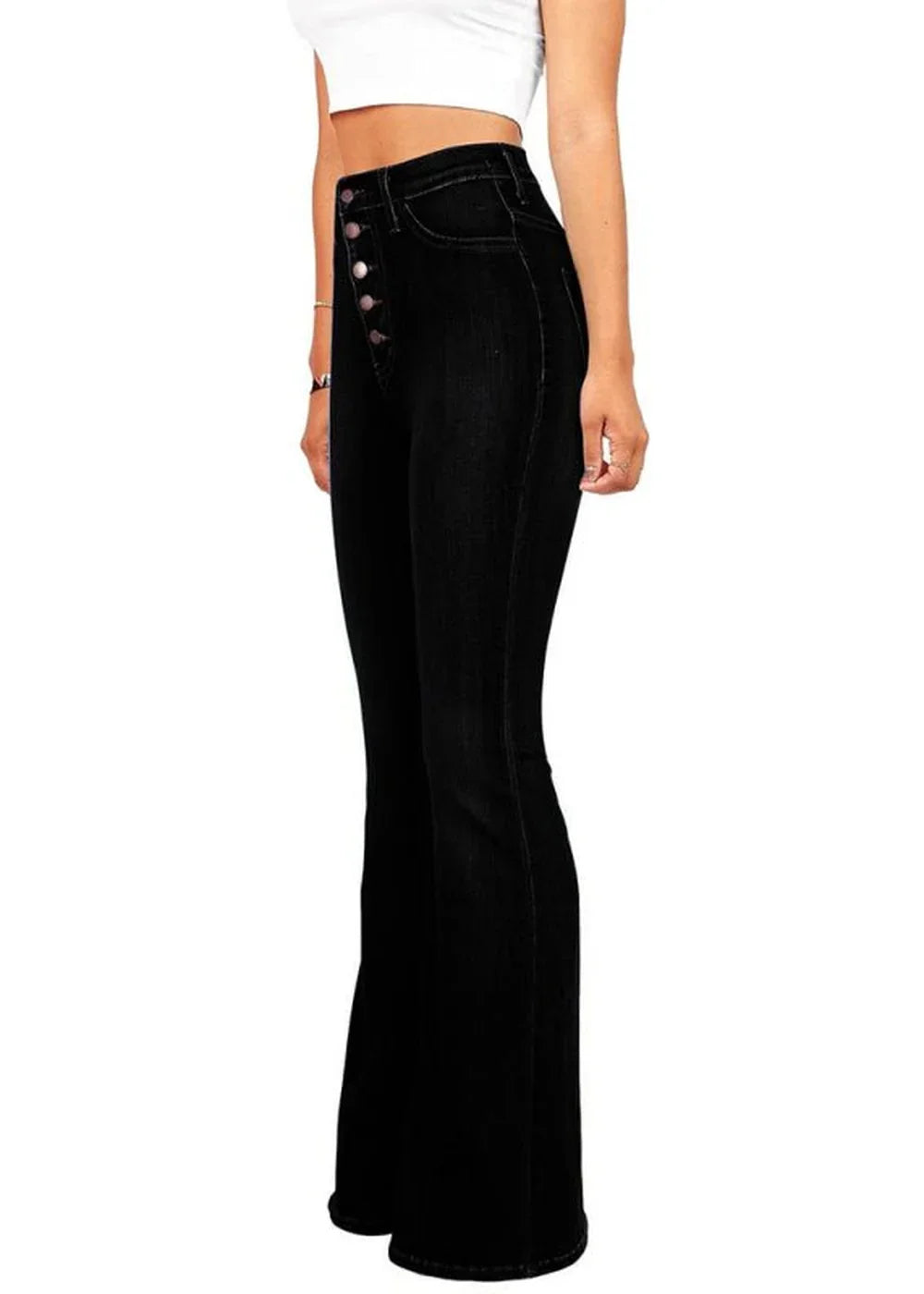 Black high-waisted flare jeans with button-fly closure on model.