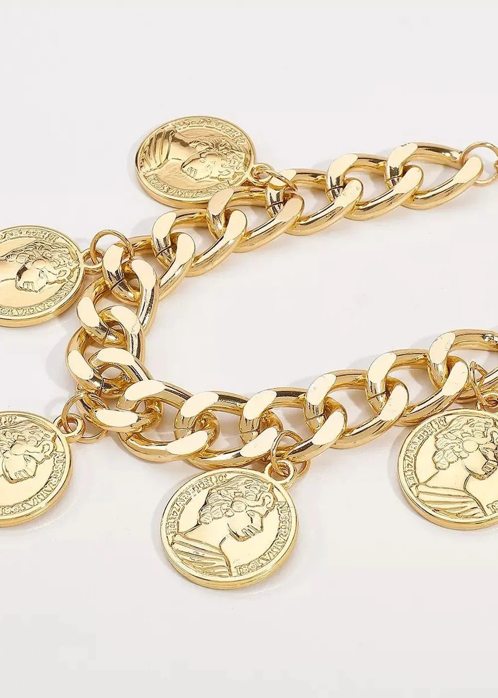 Gold-plated chain bracelet with Roman-style coin charms.