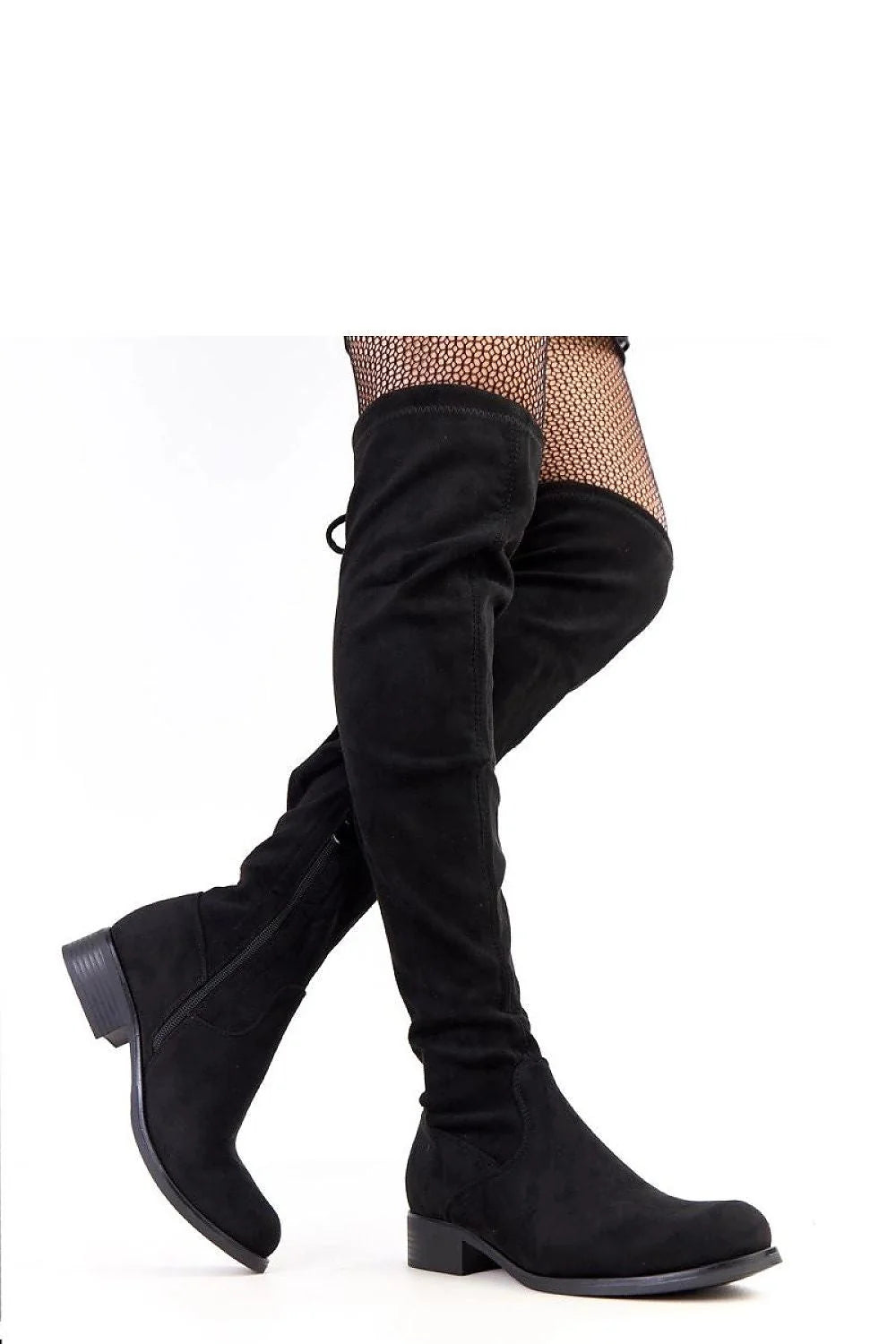Black faux suede thigh-high boots with a side zipper and a small block heel.