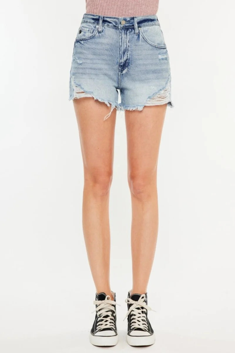 Light wash distressed denim shorts with frayed hem and a high-waisted fit.