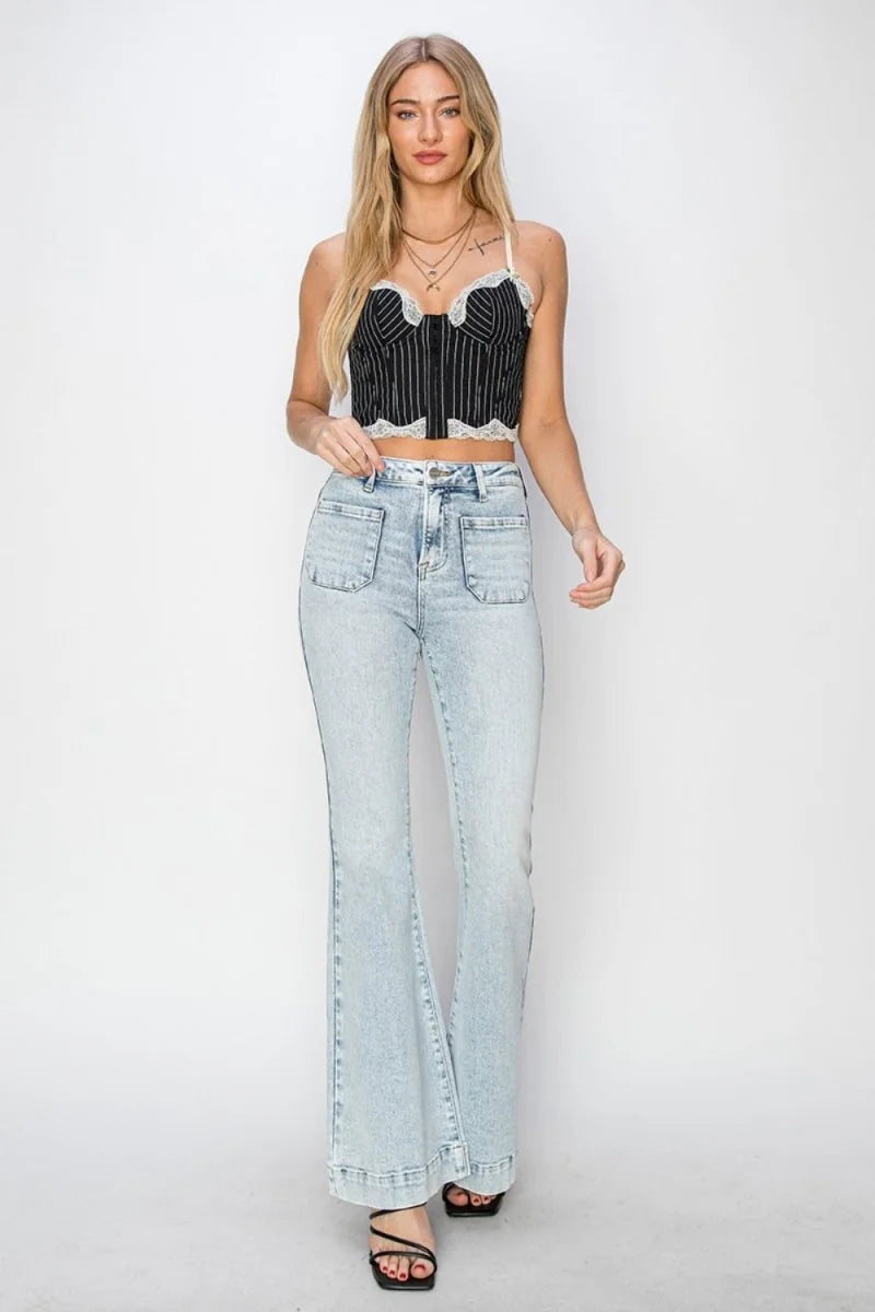 Light wash flared jeans with front patch pockets and a high waist.