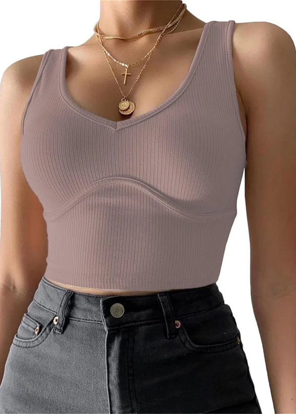 Light brown ribbed knit crop top with sweetheart neckline and sewn-in bust seam, shown on model with dark wash jeans.