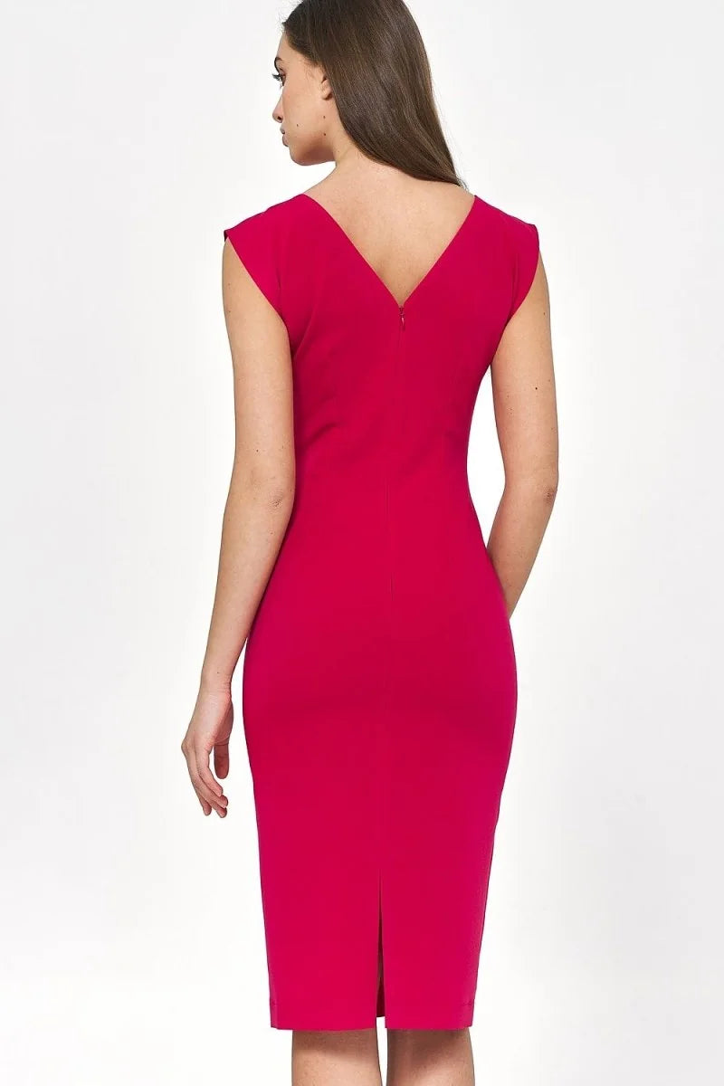 Back view of a fitted, fuchsia pink dress with a V-neckline and a slit at the hem.
