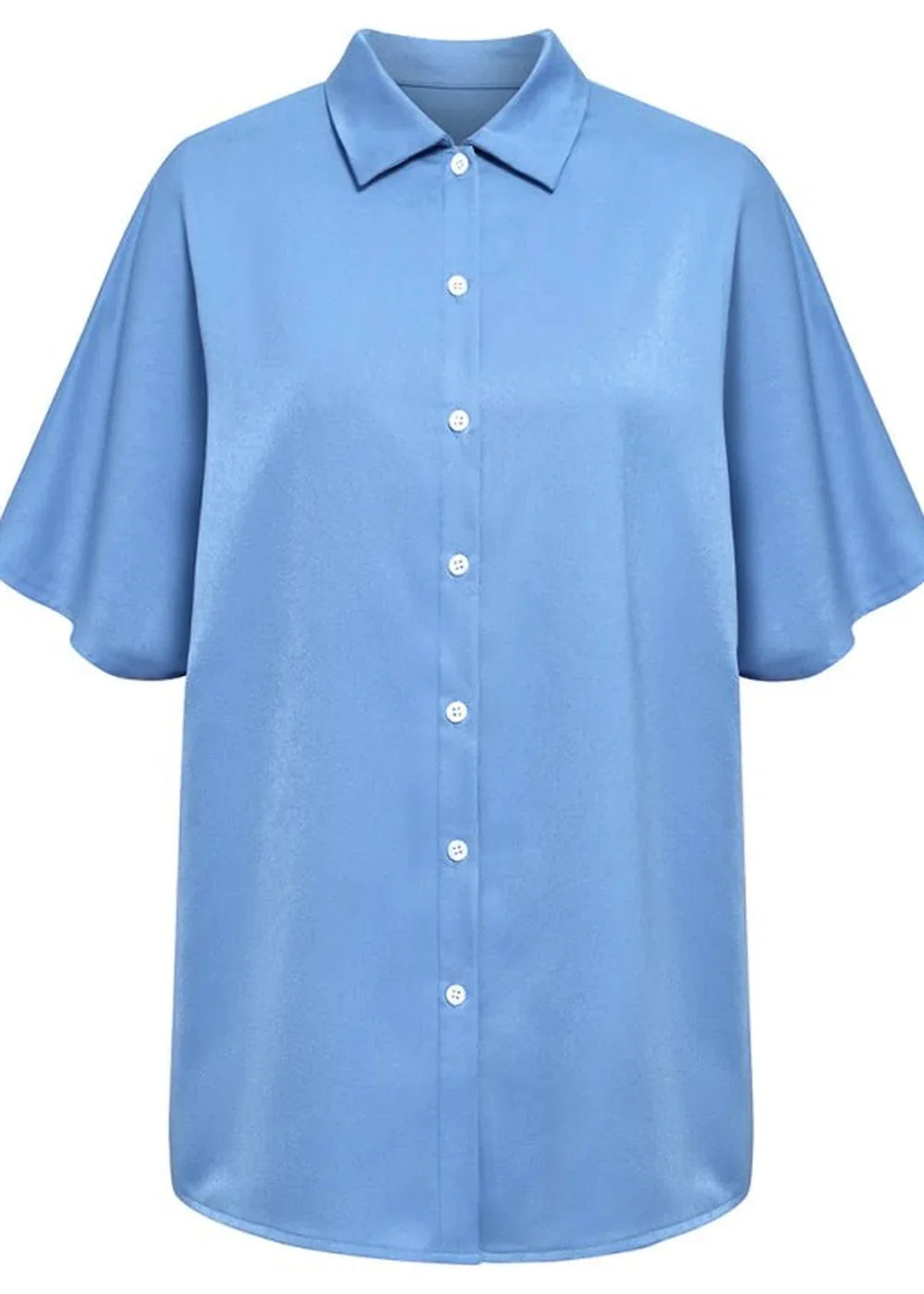 Light blue satin button-up shirt with short, flowing sleeves and a collared neckline.