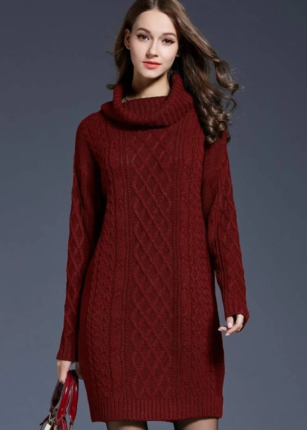 Wine cable knit turtleneck sweater dress with long sleeves, on model.