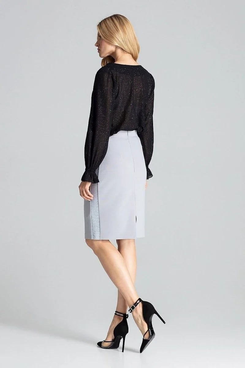 Light gray pencil skirt with a shimmering silver stripe down the side, worn by a model.
