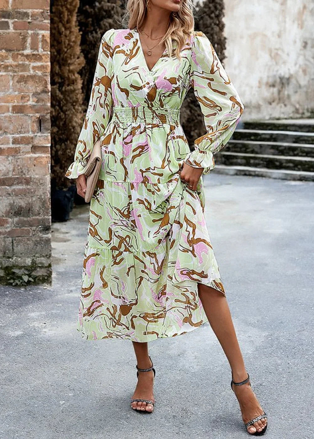 polyester dress, true to size, showing pattern detail.