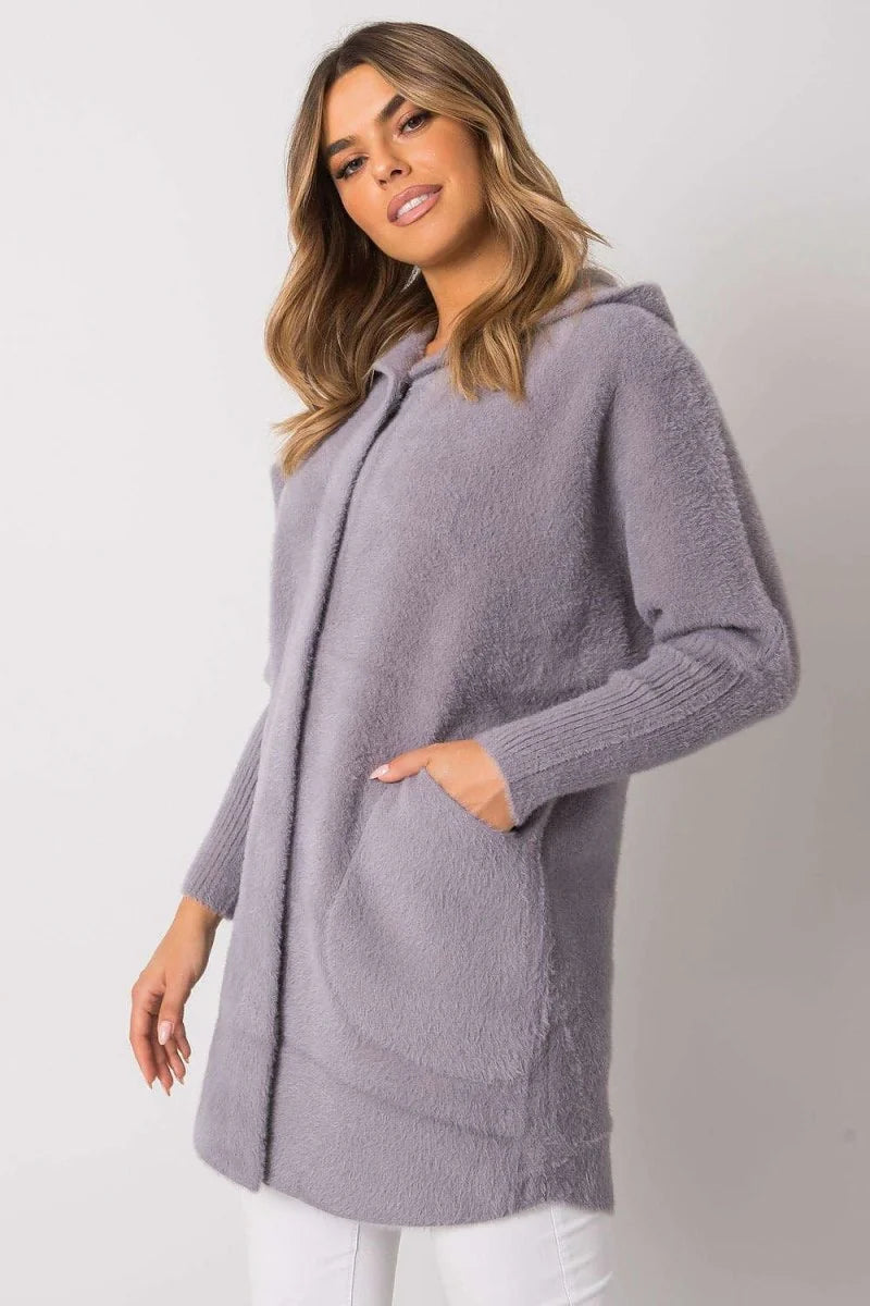 Soft lilac fuzzy hooded cardigan with pockets, regular fit, on model.