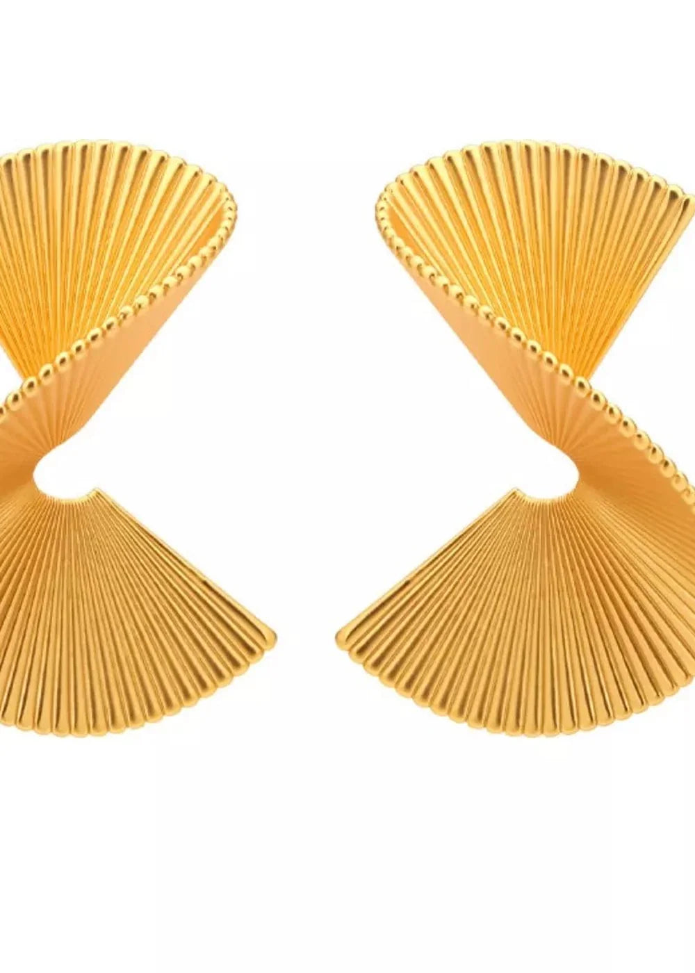 Gold fan-shaped earrings with ribbed texture and beaded edges.