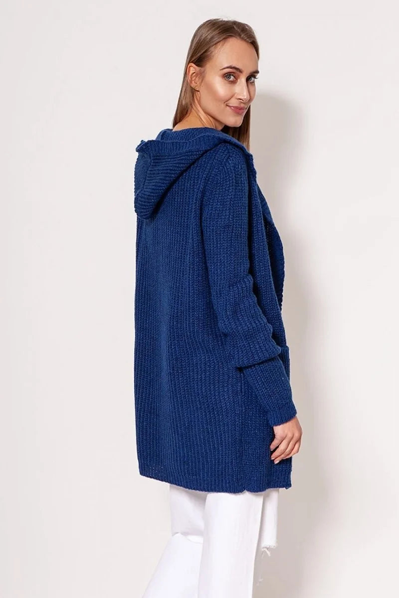Navy blue hooded cardigan with a ribbed texture, shown from the side on a model.