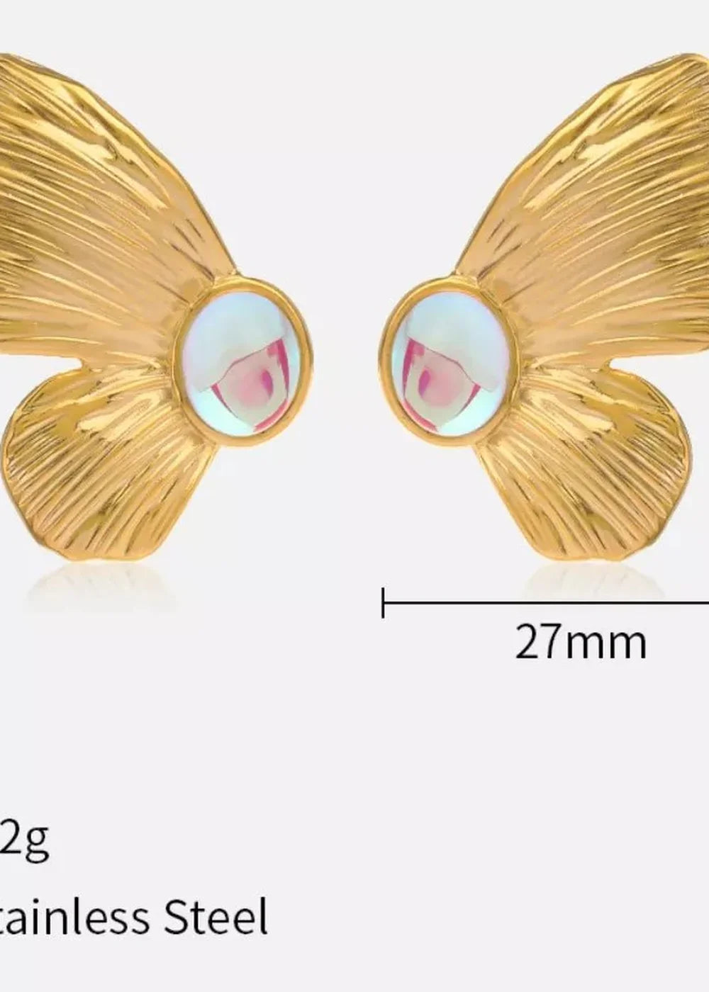 Gold butterfly wing earrings with iridescent oval stones, 27mm wide.