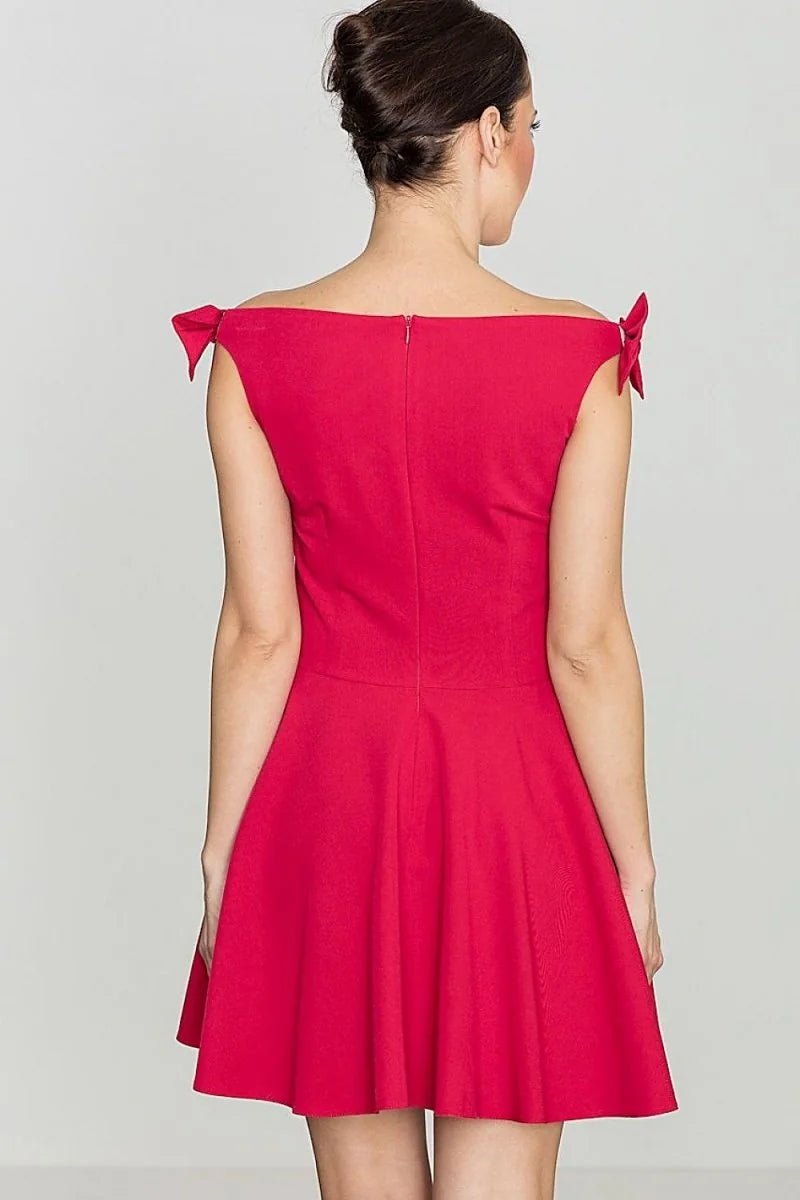 Red off-the-shoulder cocktail dress with bow details on sleeves and a fitted bodice.