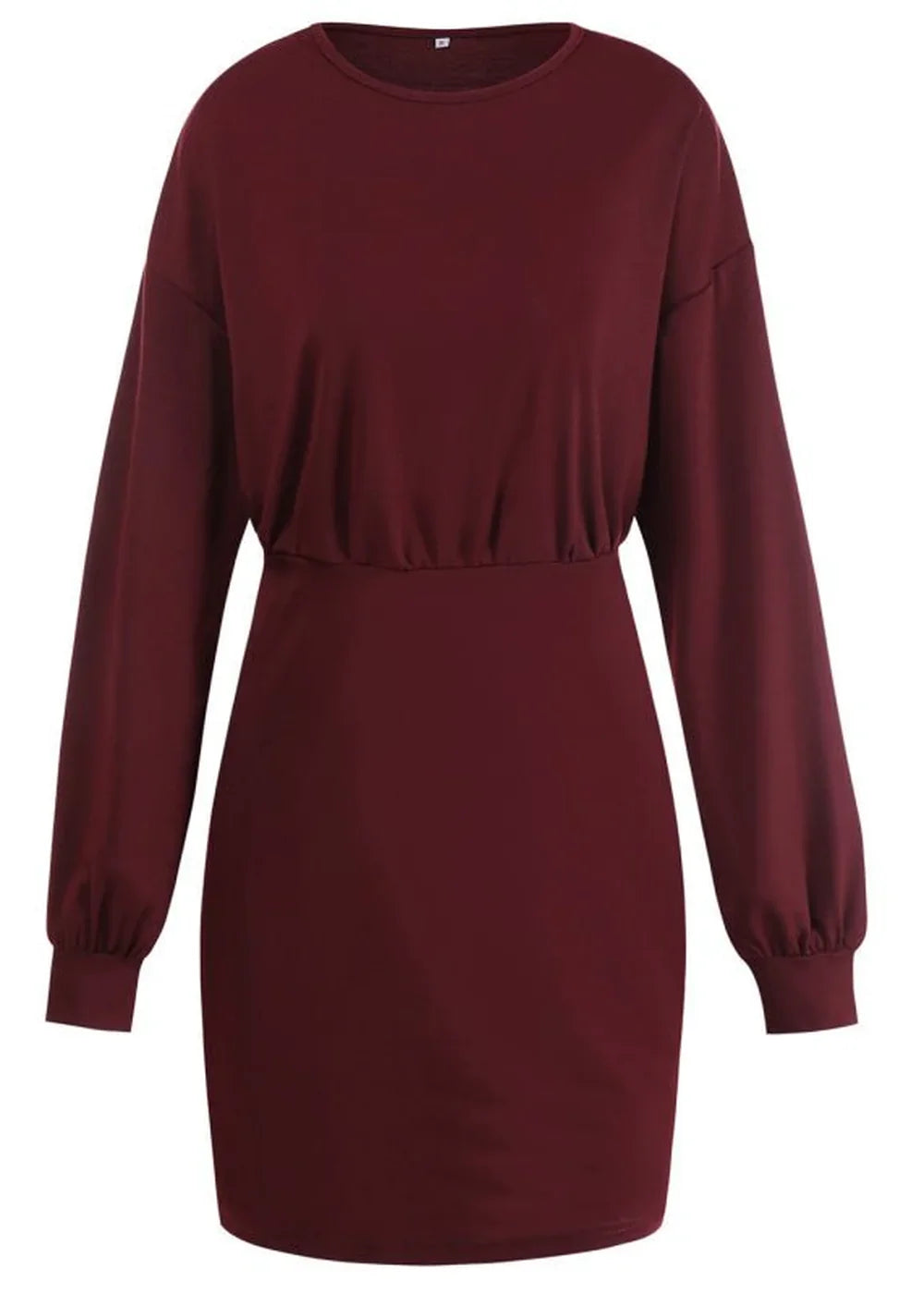 Maroon long-sleeve dress with ruched waist and cuffed sleeves, on white background.