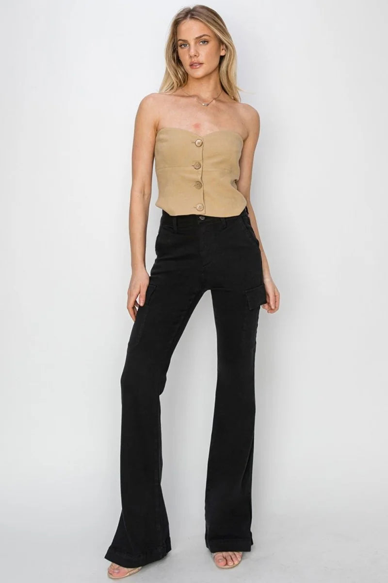 Black flare cargo pants with a slightly stretchy cotton blend, on a model.