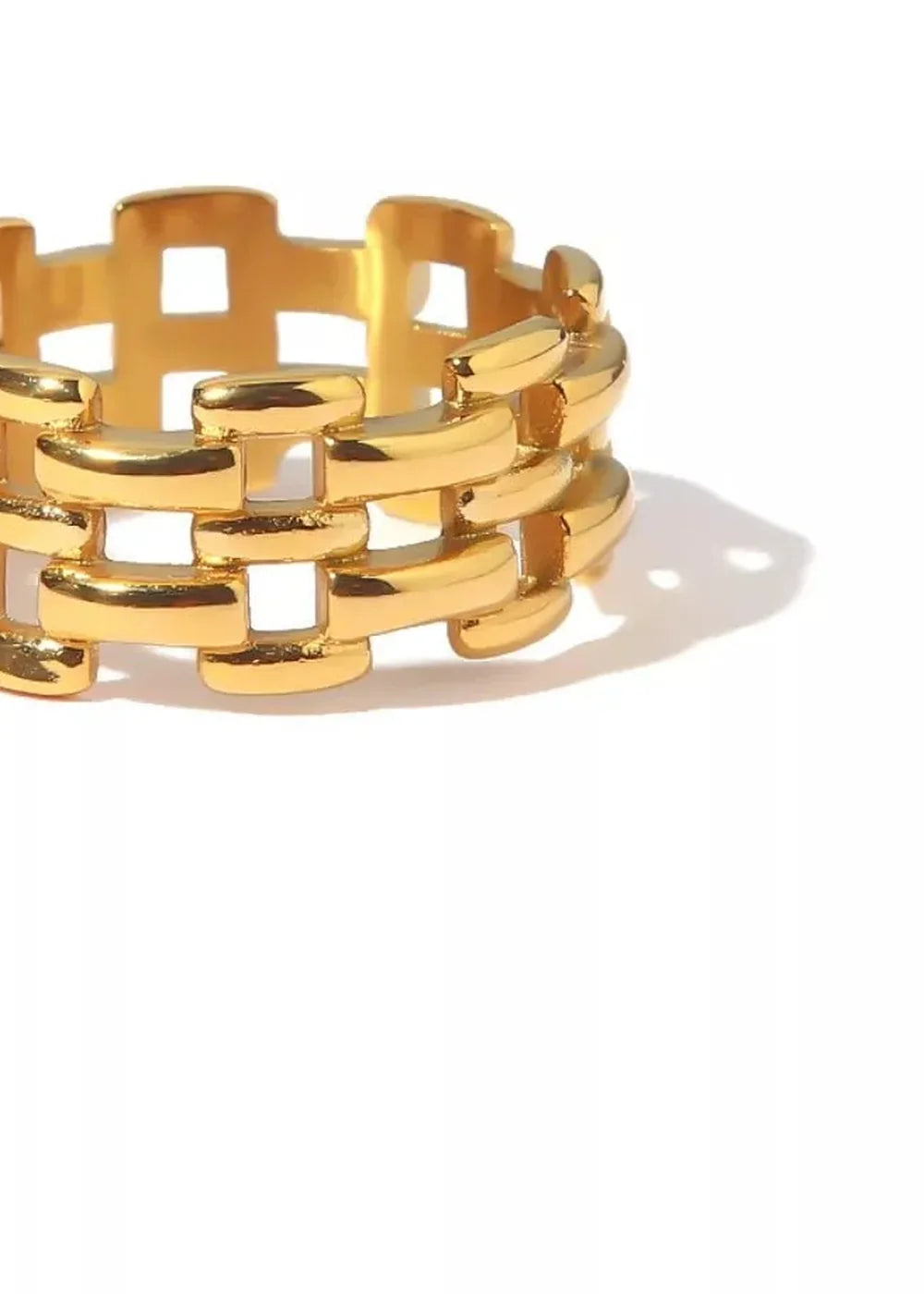 Gold-plated stainless steel ring with a linked chain design.