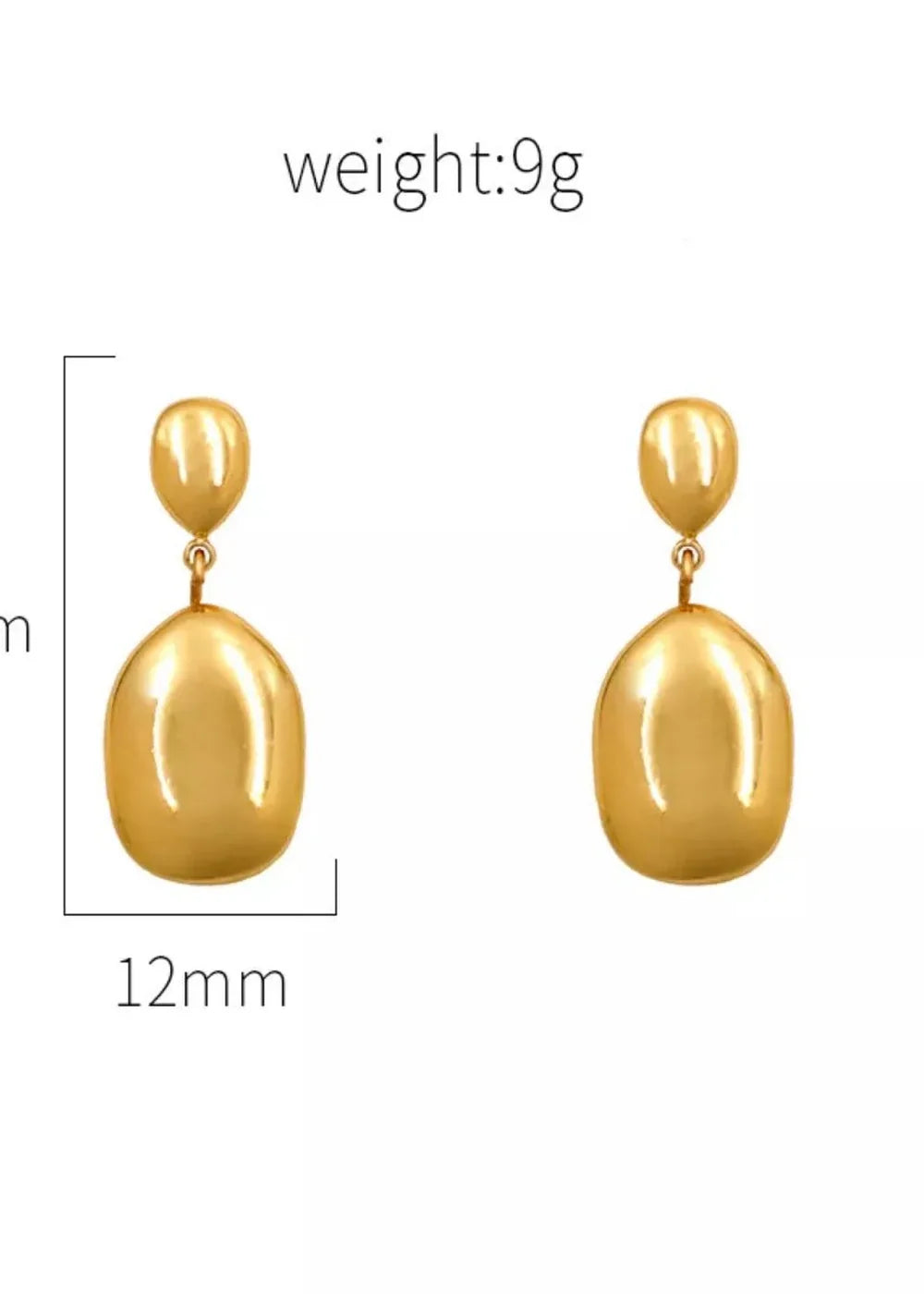 Gold drop earrings with a polished, smooth finish, measuring 12mm in width.