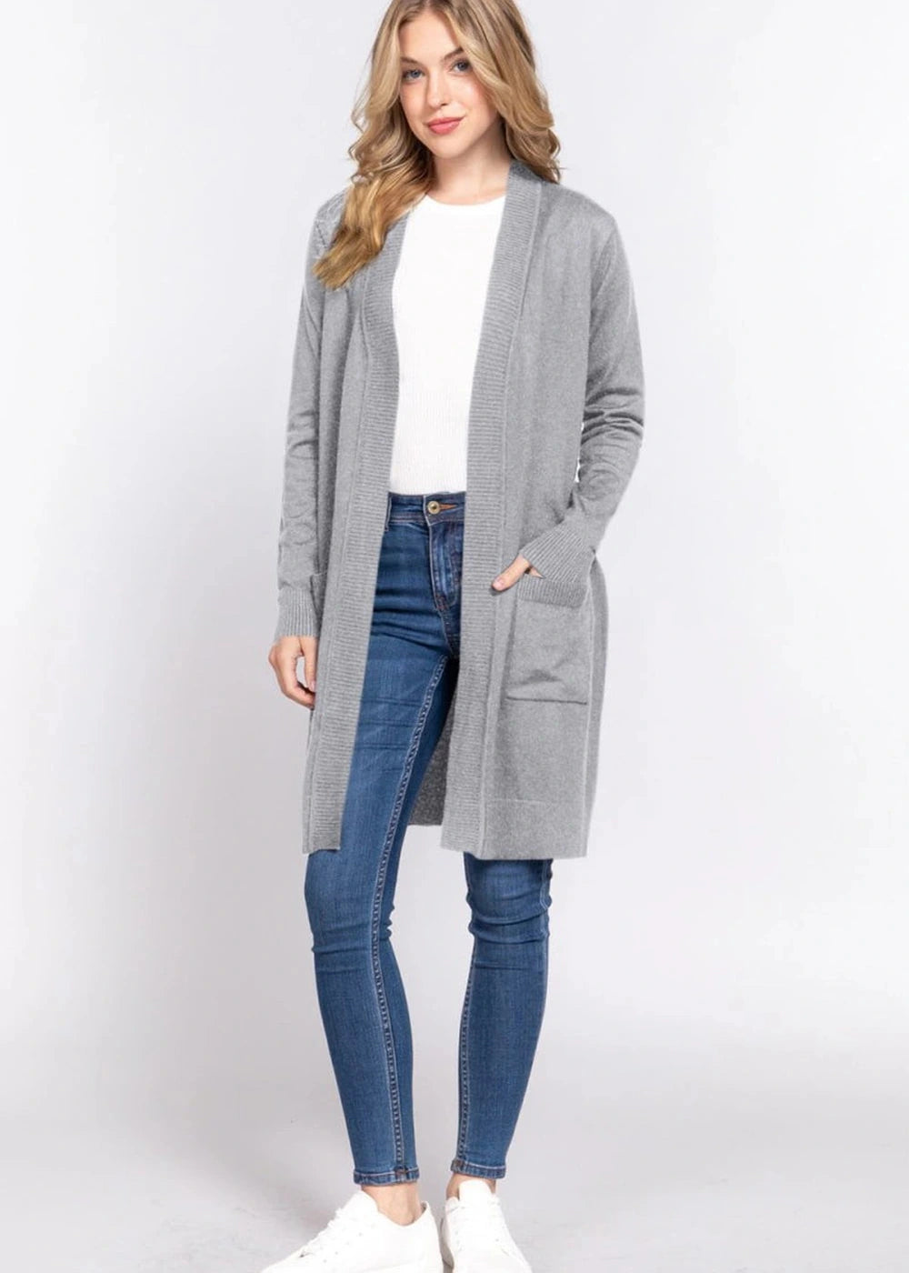 ACTIVE BASIC Open Front Rib Trim Long Sleeve Knit Cardigan