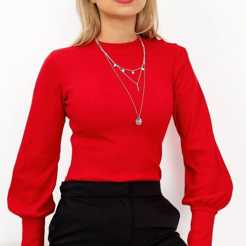 Ribbed Blouse with Long Sleeves and Wide Cuffs