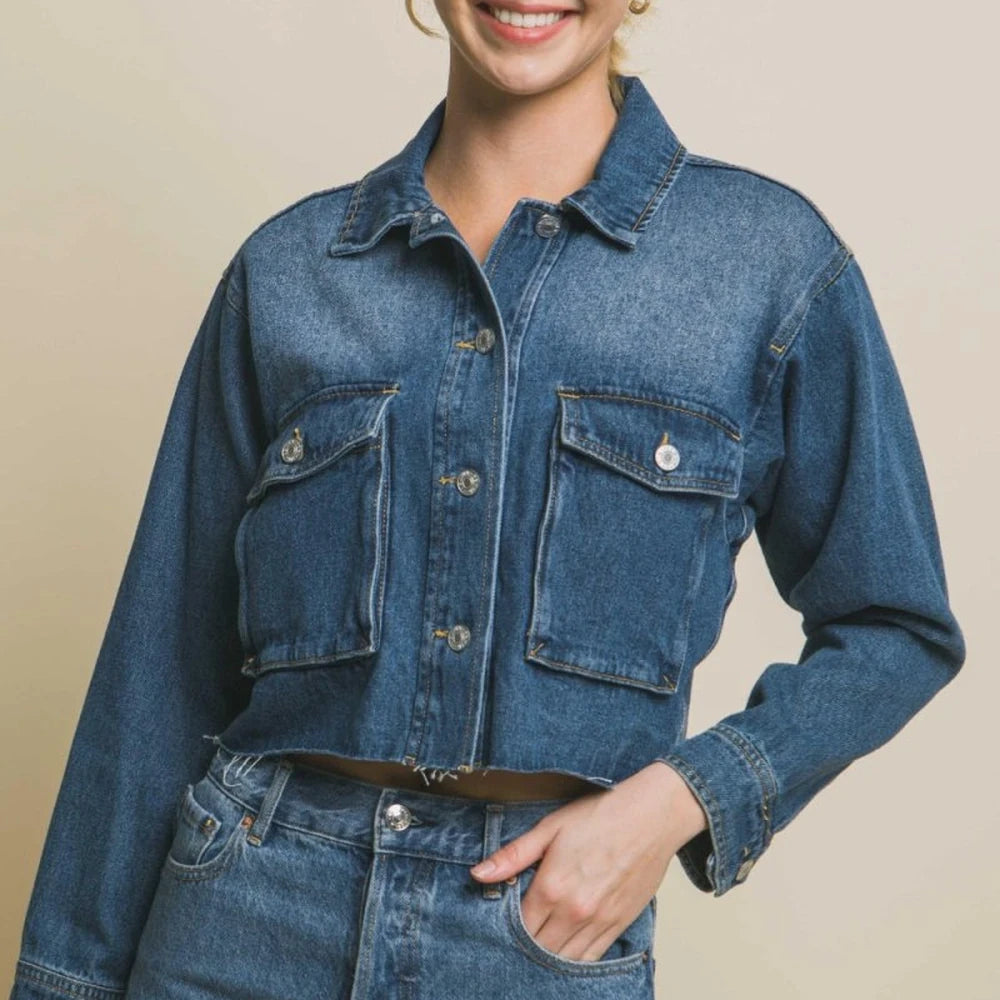 Cropped Denim Jacket with Raw Hem