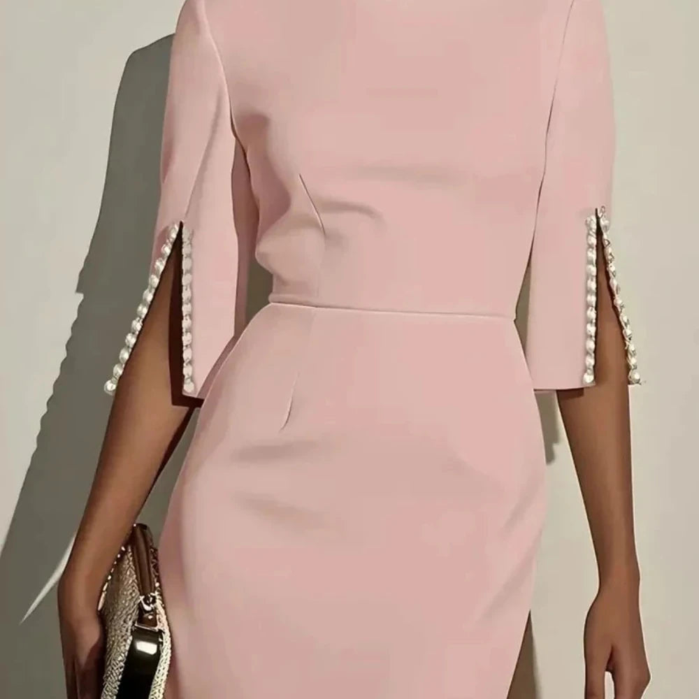 Elegant Midi Dress with Beaded Slit Sleeve