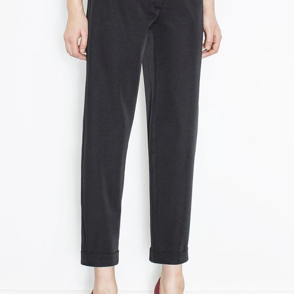 Grey Polyester Trousers with Turned-Up Legs