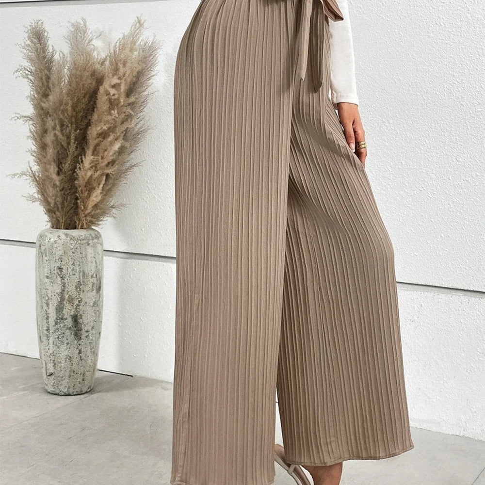 Wide Leg Long Pants with Tie Detail