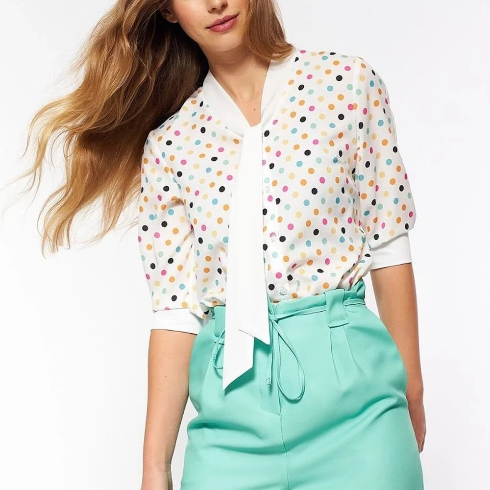 Polka Dot Short Sleeve Office Blouse