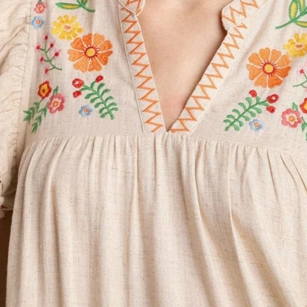 Floral Embroidery Ruffle Sleeve Mini Dress