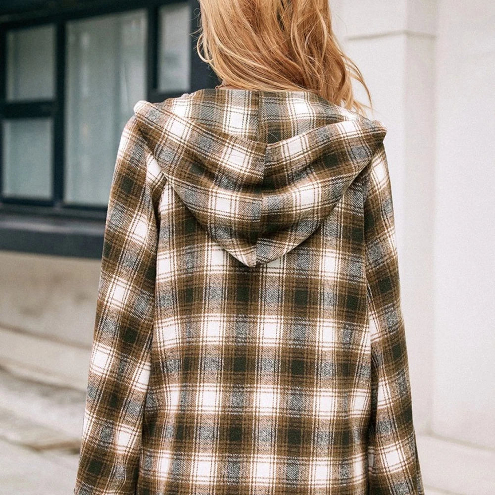 Women's Plaid Hooded Jacket with Pockets