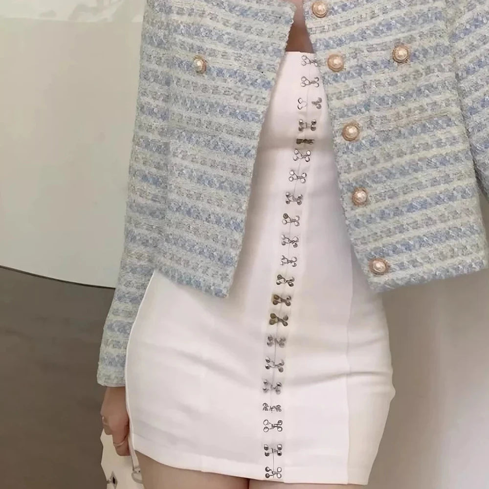 Light Blue Cropped Tweed Button Up Jacket