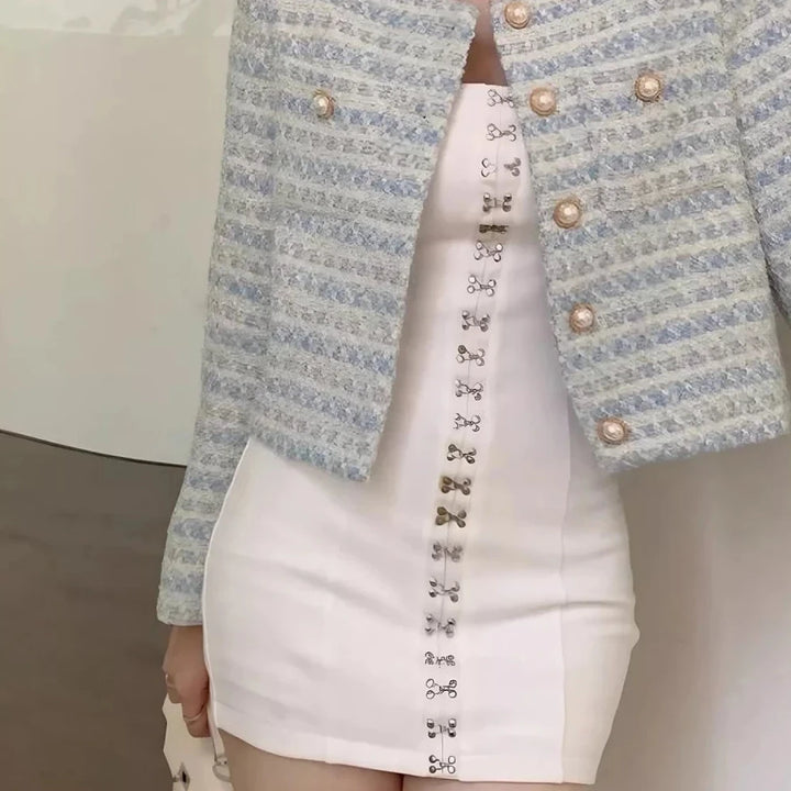 Light Blue Cropped Tweed Button Up Jacket