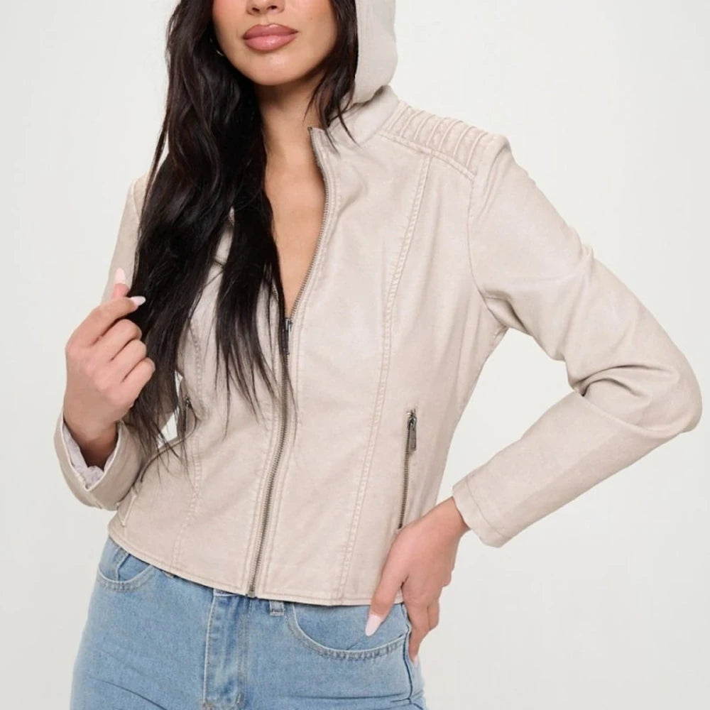Vegan Leather Zip Up Hooded Jacket