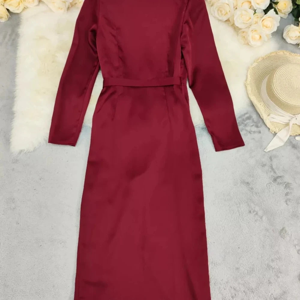 Surplice Satin Long Sleeve Maxi Dress