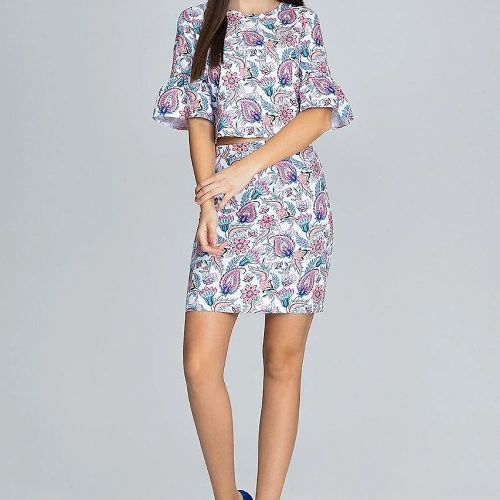 Floral Blouse & Skirt Set with Frilled Sleeves