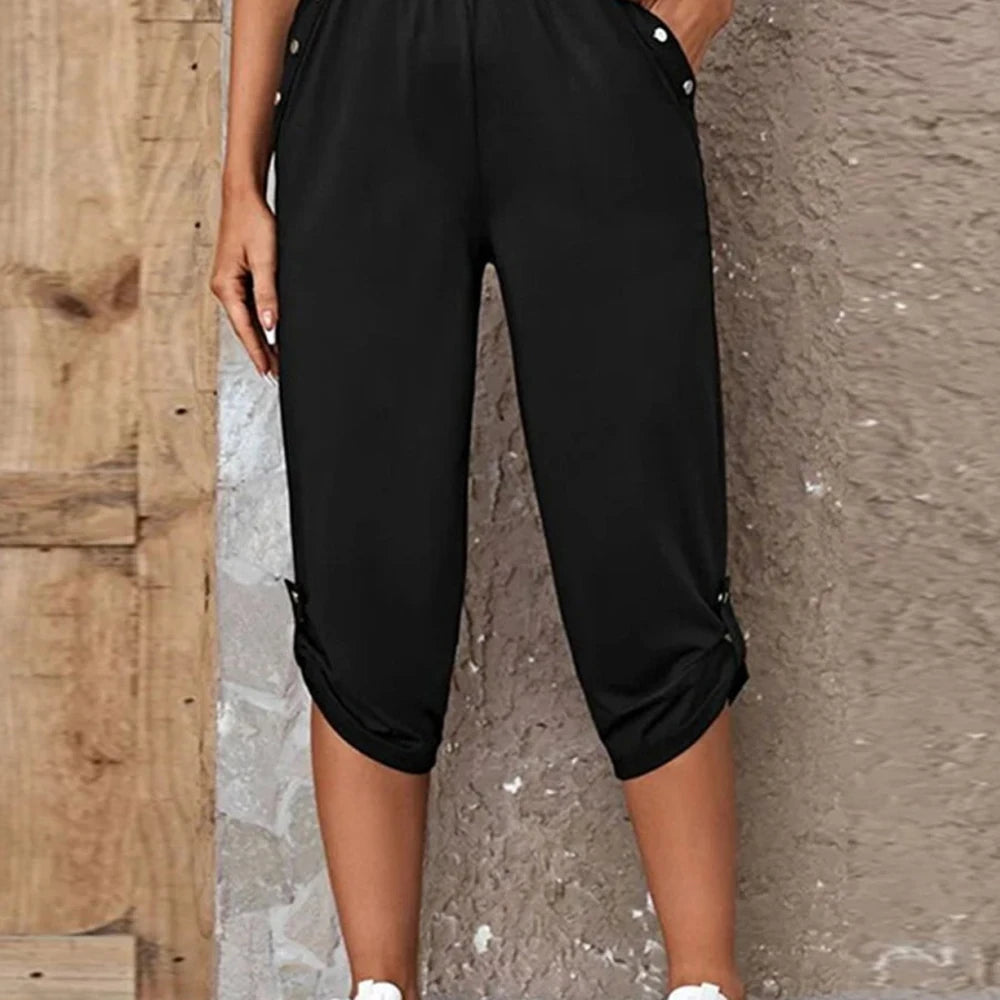 Solid Capris Pants with Roll-Tab