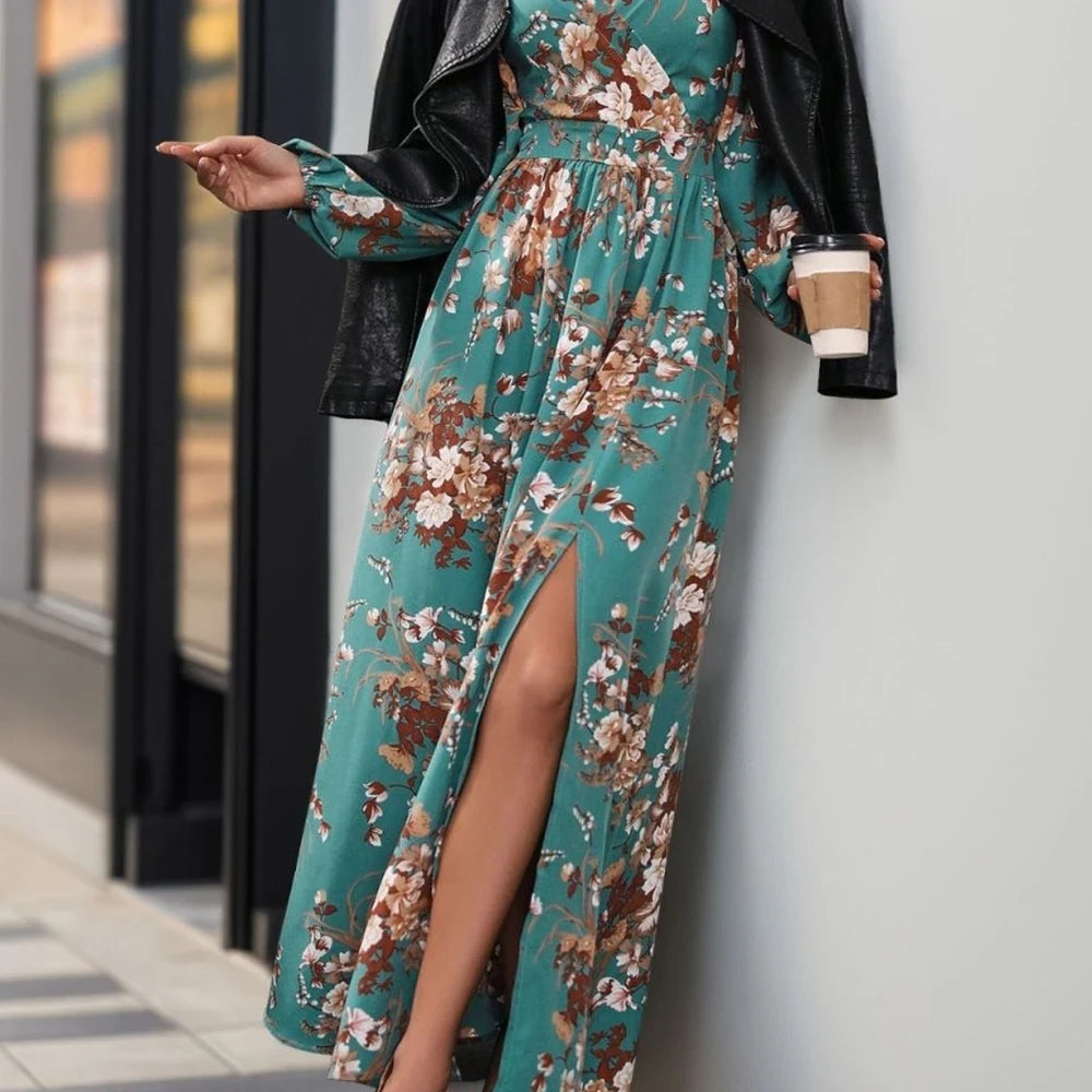 Printed Surplice Maxi Dress with Slit
