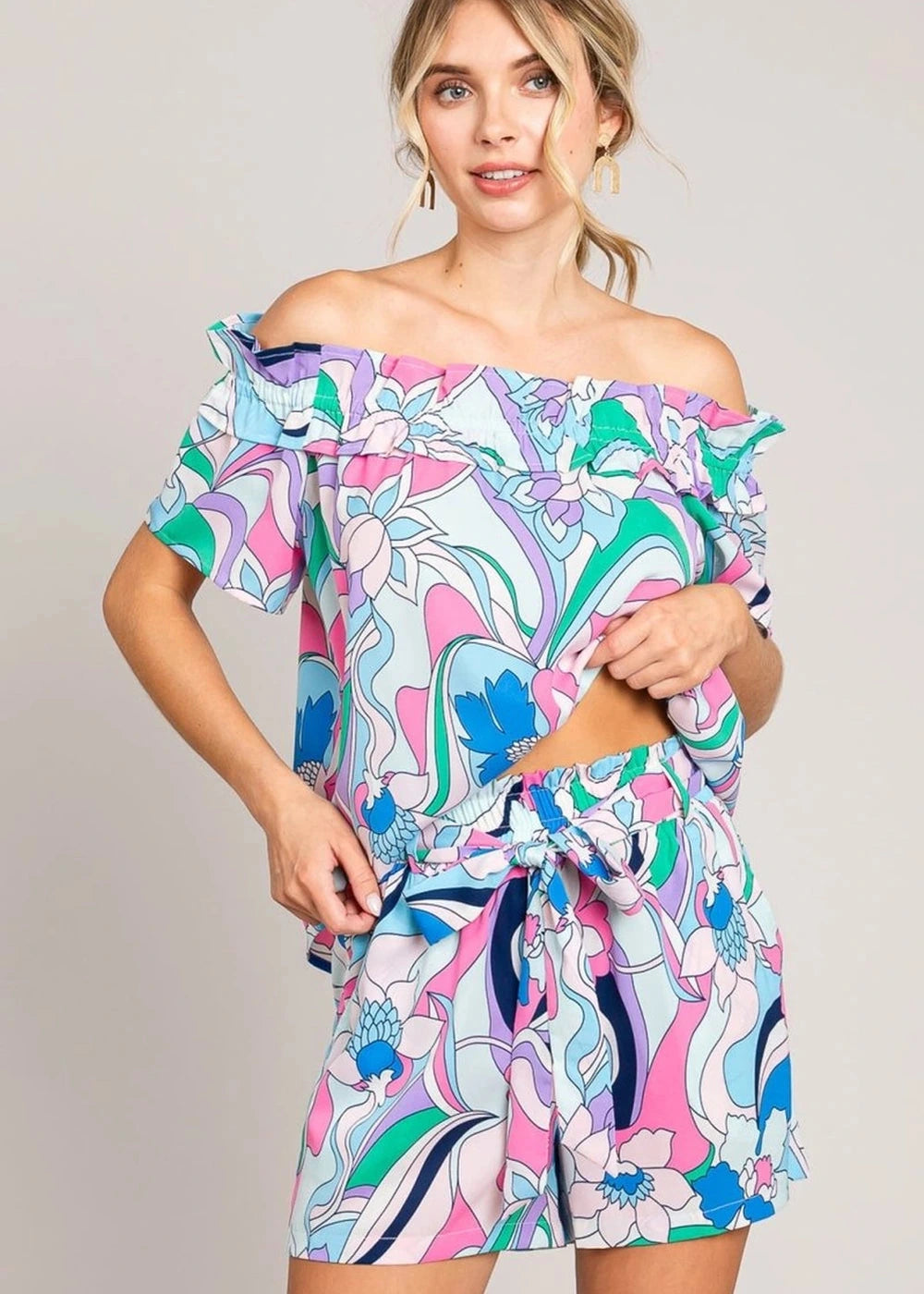 Cotton Bleu by Nu Label Abstracted Print Tie Front Shorts