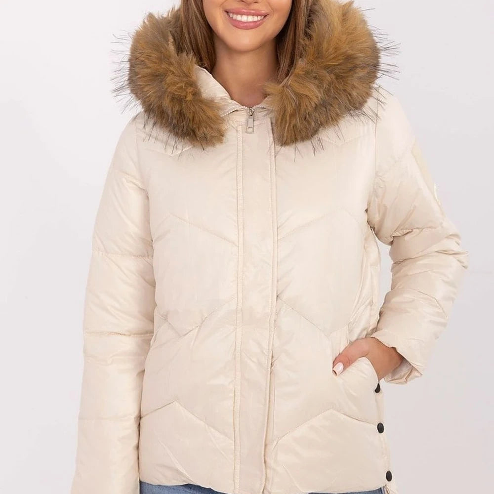 Women's Quilted Down Jacket with Detachable Fur Hood