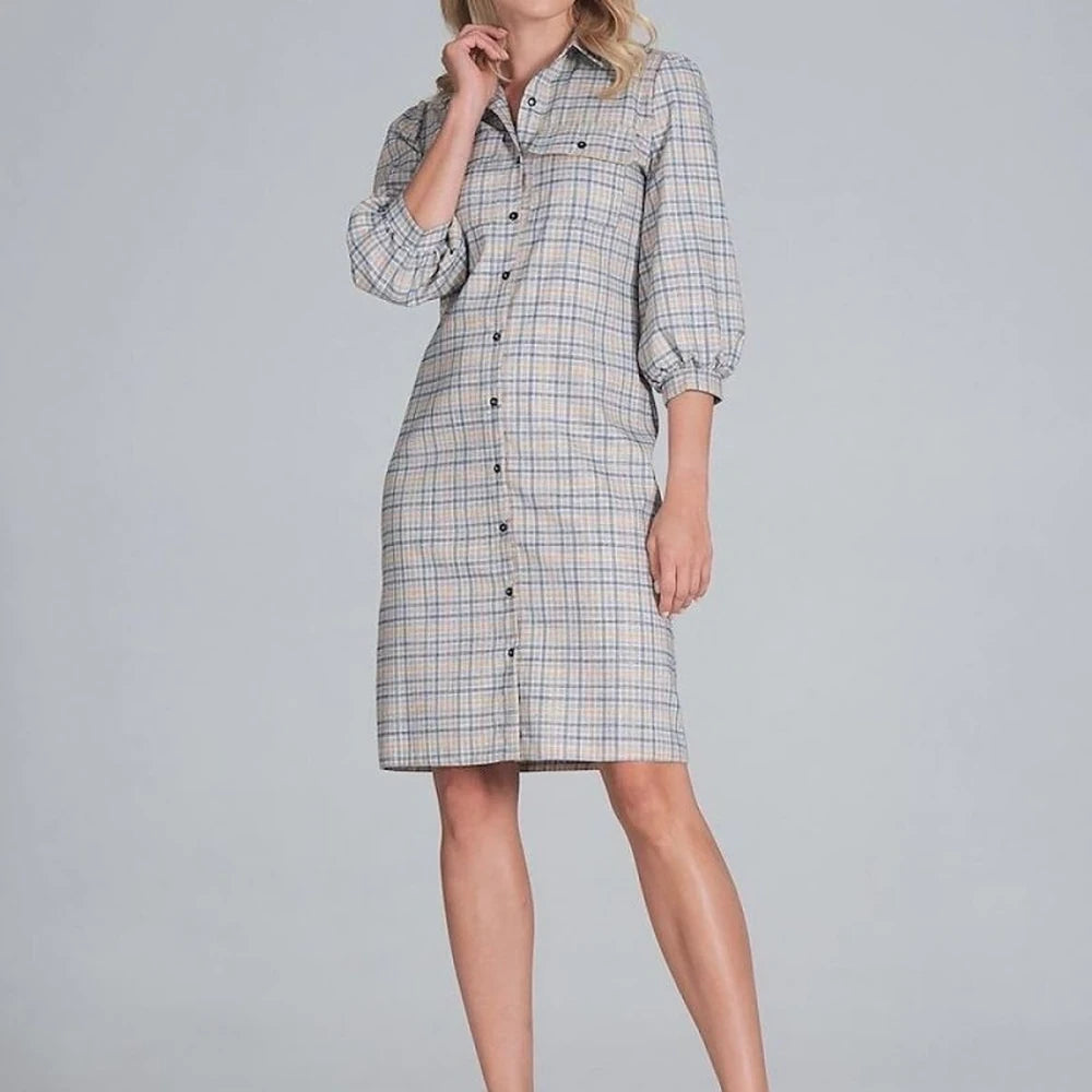 Midi Shirt Dress with Collar and 3/4 Sleeves