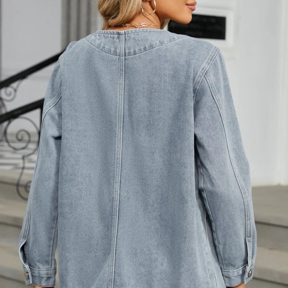 V-Neck Button Up Denim Jacket with Pockets
