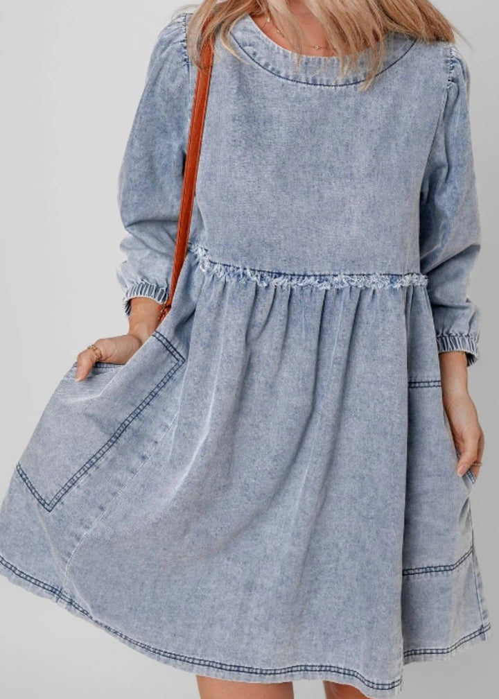 Cotton round neck balloon sleeve dress