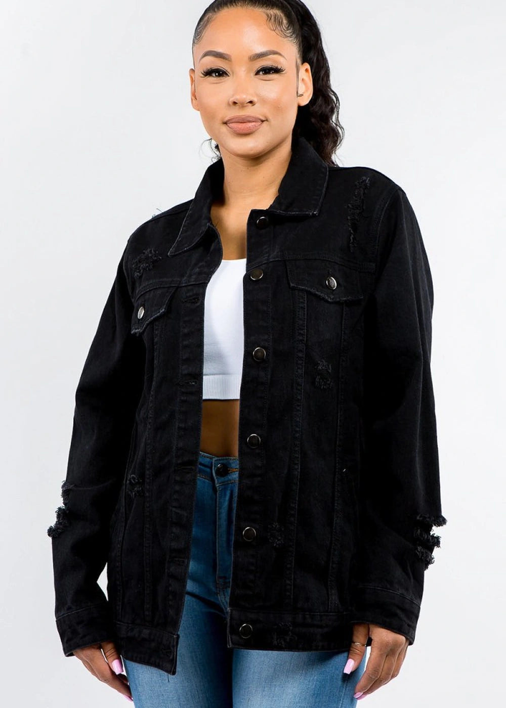 Distressed cotton blend denim jacket