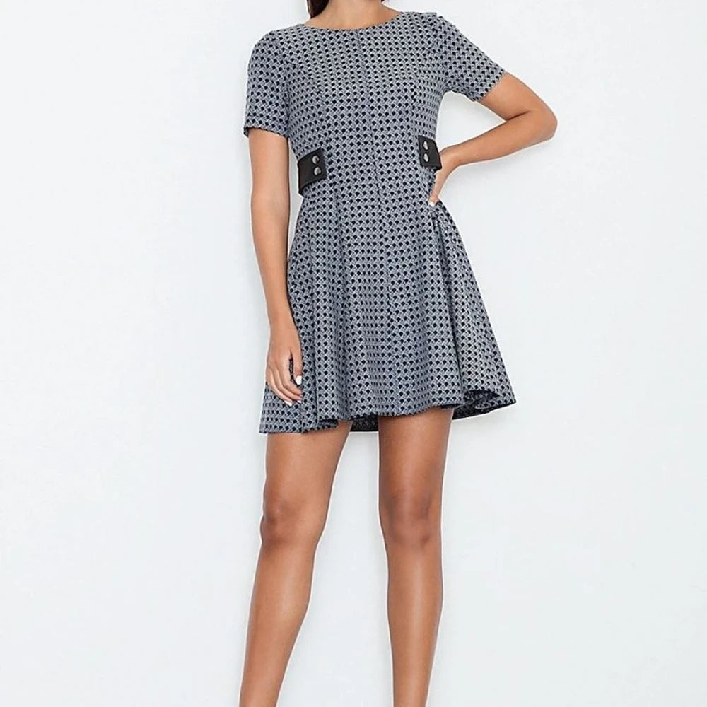 Flared Dress with Leather Inserts & Short Sleeves