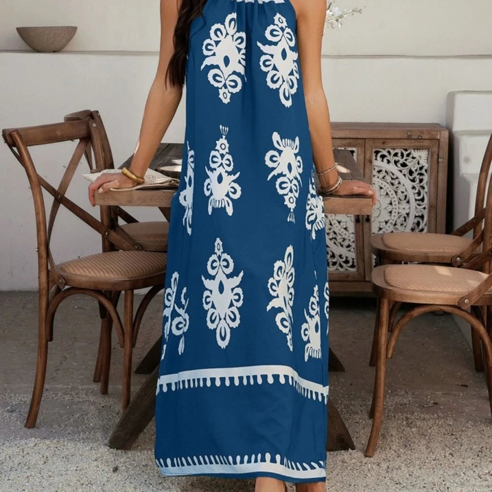 Printed Maxi Dress with Grecian Neck