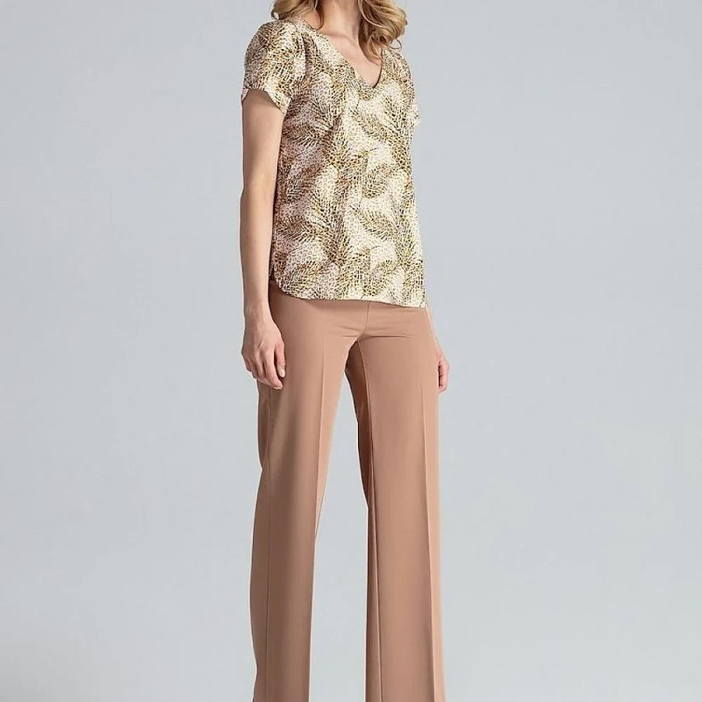 Heart Neck Blouse with Cuffed Short Sleeves