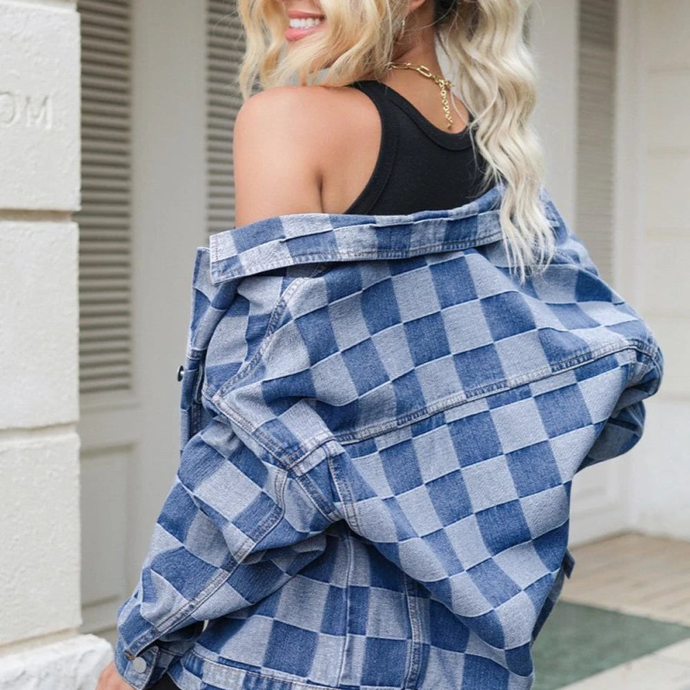 Checkered Button Up Long Sleeve Denim Jacket