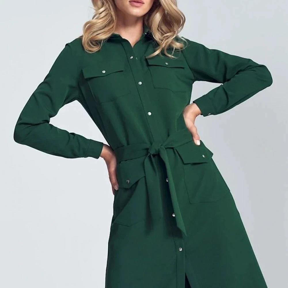 Black Midi Shirt Dress with Belt