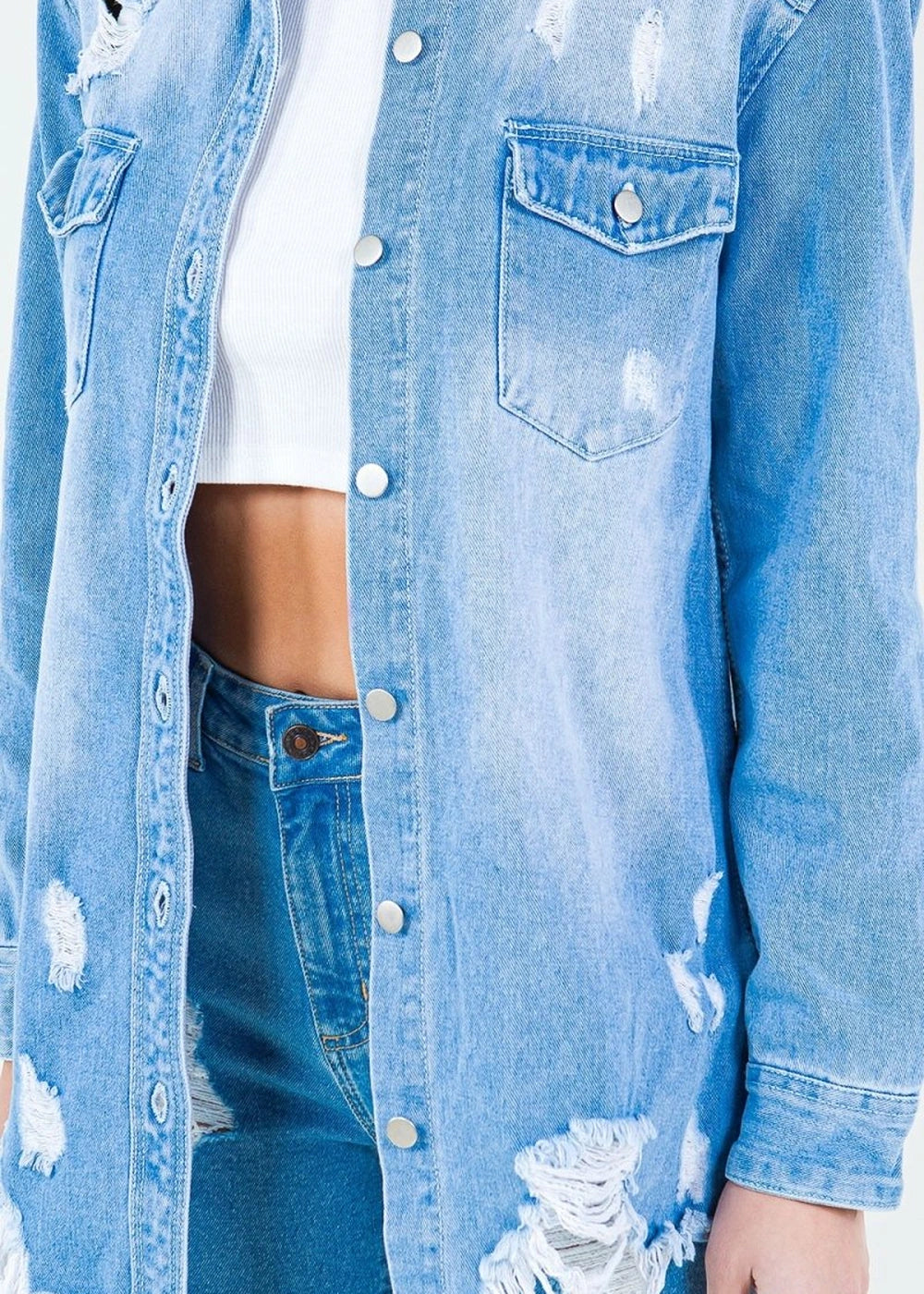 Distressed denim shirt jacket