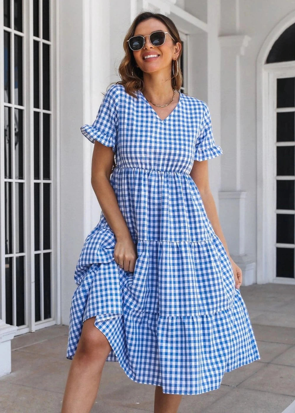 Plaid cotton blend midi dress